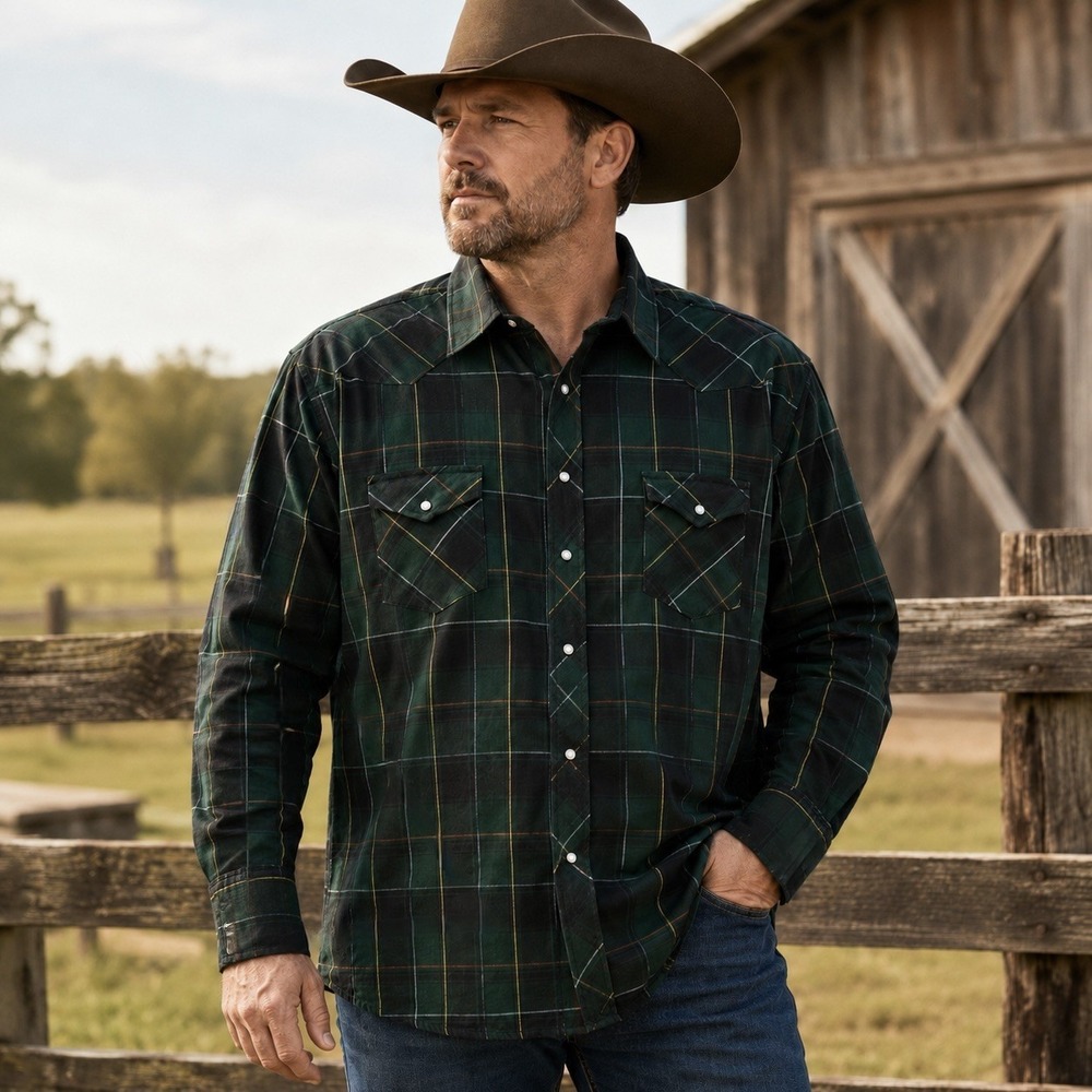 Wrangler Western Shirt Mens 2XL Big Green Plaid Pearl Snap Cotton Cowboy Ranch